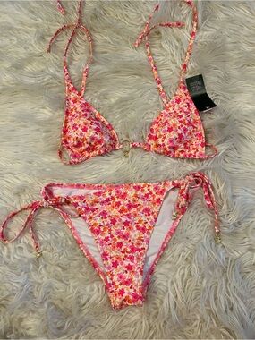 Floral Tie-Side Bikini Set - Pink & Orange Print